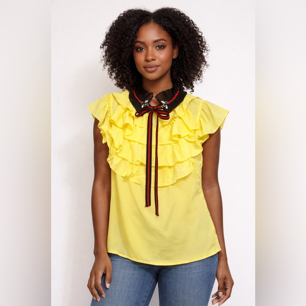 Yellow Ruffle Blouse Crystal Bow Tie Sheer Collar Statement Top Size M